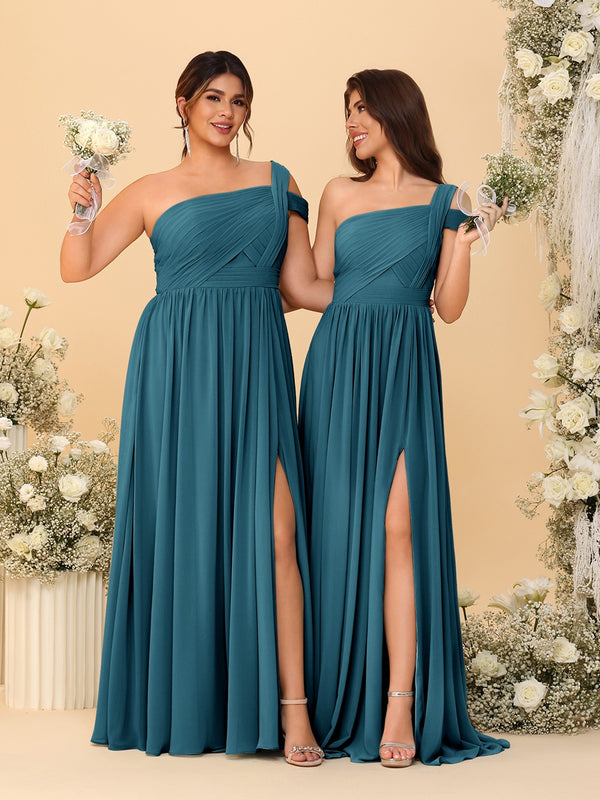 A-Line/Princess One-Shoulder Sleeveless Floor-Length Ruched Bridesmaid Dresses With Side Slit