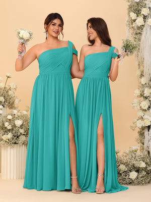 A-Line/Princess One-Shoulder Sleeveless Floor-Length Ruched Bridesmaid Dresses With Side Slit