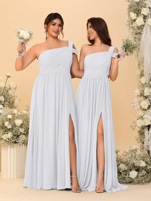 A-Line/Princess One-Shoulder Sleeveless Floor-Length Ruched Bridesmaid Dresses With Side Slit