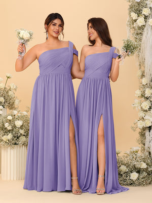 A-Line/Princess One-Shoulder Sleeveless Floor-Length Ruched Bridesmaid Dresses With Side Slit
