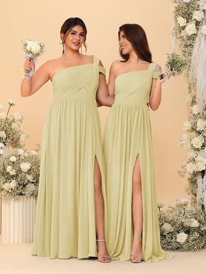 A-Line/Princess One-Shoulder Sleeveless Floor-Length Ruched Bridesmaid Dresses With Side Slit