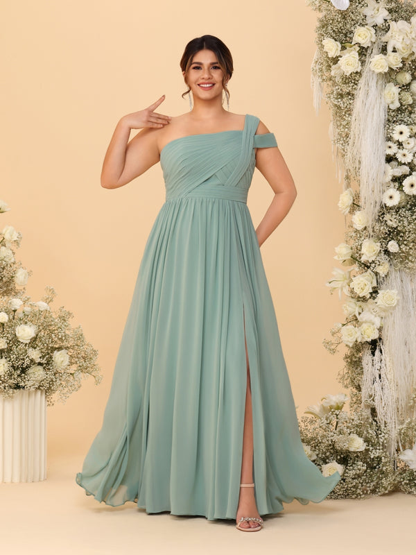 A-Line/Princess One-Shoulder Sleeveless Floor-Length Ruched Plus Size Bridesmaid Dresses With Side Slit
