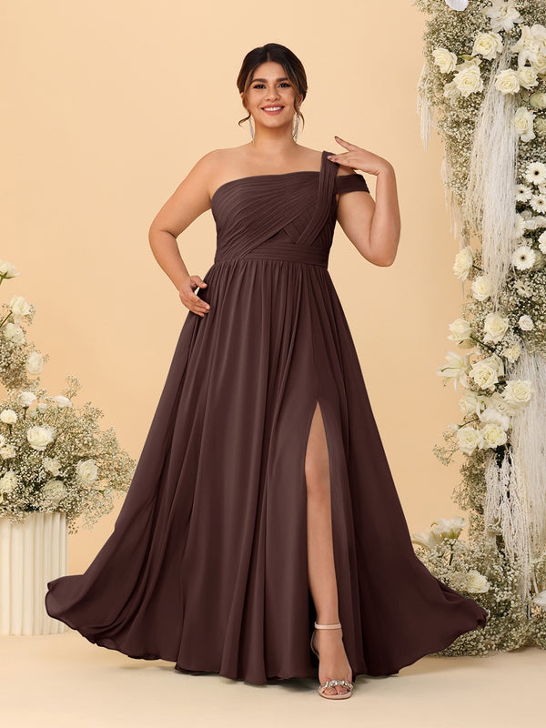 A-Line/Princess One-Shoulder Sleeveless Floor-Length Ruched Plus Size Bridesmaid Dresses With Side Slit