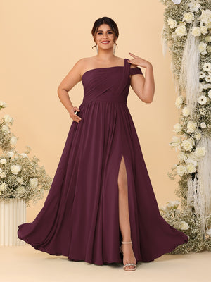 A-Line/Princess One-Shoulder Sleeveless Floor-Length Ruched Plus Size Bridesmaid Dresses With Side Slit