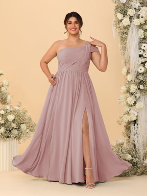 A-Line/Princess One-Shoulder Sleeveless Floor-Length Ruched Plus Size Bridesmaid Dresses With Side Slit