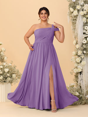 A-Line/Princess One-Shoulder Sleeveless Floor-Length Ruched Plus Size Bridesmaid Dresses With Side Slit