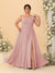A-Line/Princess One-Shoulder Sleeveless Floor-Length Ruched Plus Size Bridesmaid Dresses With Side Slit