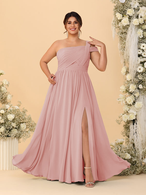 A-Line/Princess One-Shoulder Sleeveless Floor-Length Ruched Plus Size Bridesmaid Dresses With Side Slit