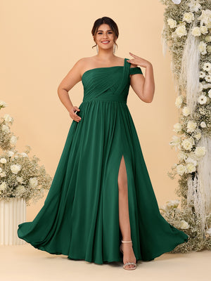 A-Line/Princess One-Shoulder Sleeveless Floor-Length Ruched Plus Size Bridesmaid Dresses With Side Slit