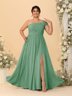 A-Line/Princess One-Shoulder Sleeveless Floor-Length Ruched Plus Size Bridesmaid Dresses With Side Slit