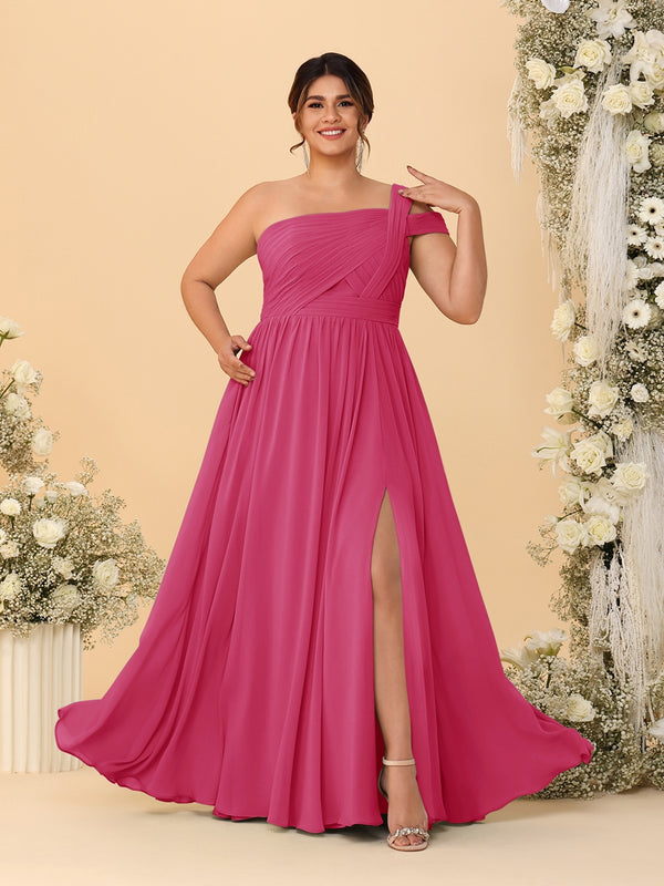 A-Line/Princess One-Shoulder Sleeveless Floor-Length Ruched Plus Size Bridesmaid Dresses With Side Slit