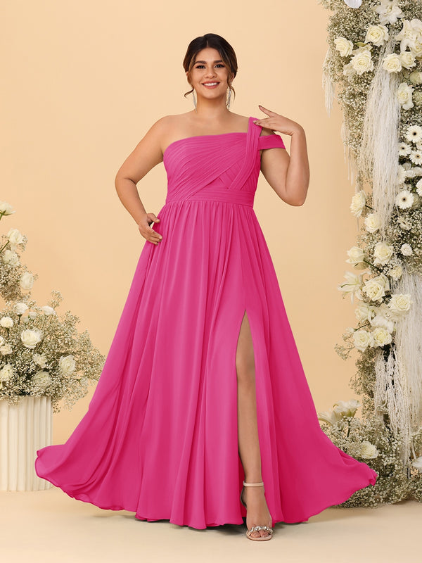 A-Line/Princess One-Shoulder Sleeveless Floor-Length Ruched Plus Size Bridesmaid Dresses With Side Slit