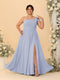 A-Line/Princess One-Shoulder Sleeveless Floor-Length Ruched Plus Size Bridesmaid Dresses With Side Slit