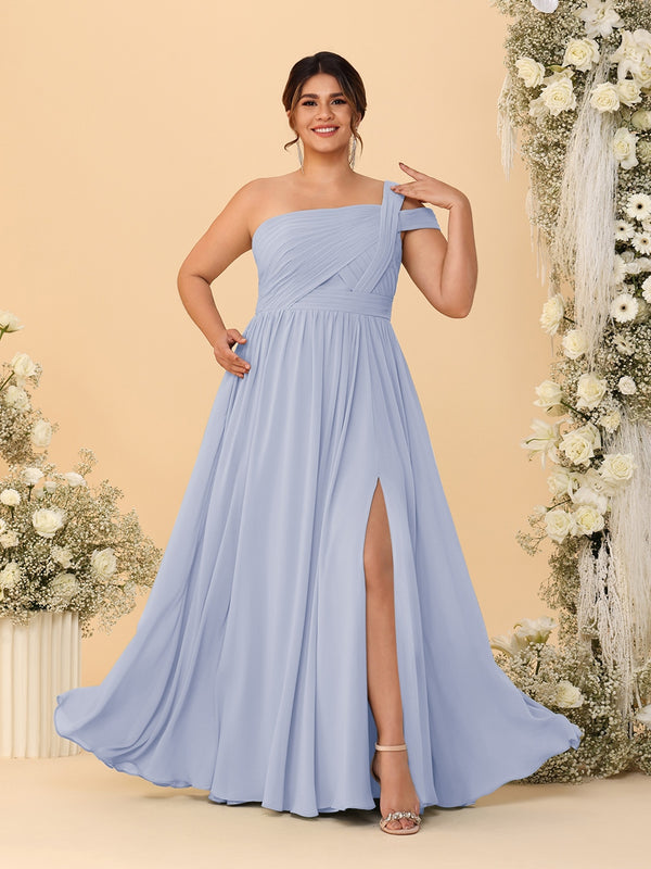 A-Line/Princess One-Shoulder Sleeveless Floor-Length Ruched Plus Size Bridesmaid Dresses With Side Slit