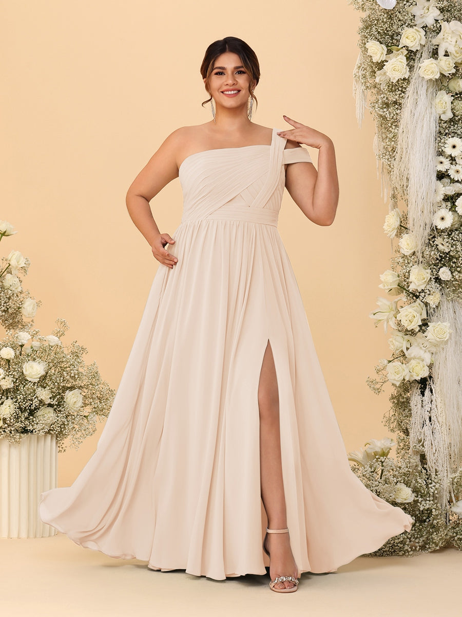 A-Line/Princess One-Shoulder Sleeveless Floor-Length Ruched Plus Size Bridesmaid Dresses With Side Slit