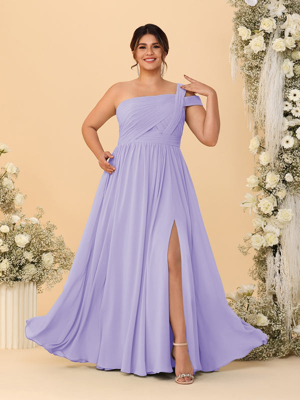 A-Line/Princess One-Shoulder Sleeveless Floor-Length Ruched Plus Size Bridesmaid Dresses With Side Slit