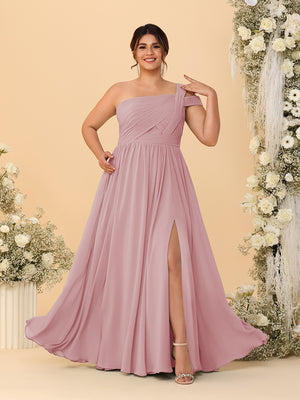 A-Line/Princess One-Shoulder Sleeveless Floor-Length Ruched Plus Size Bridesmaid Dresses With Side Slit
