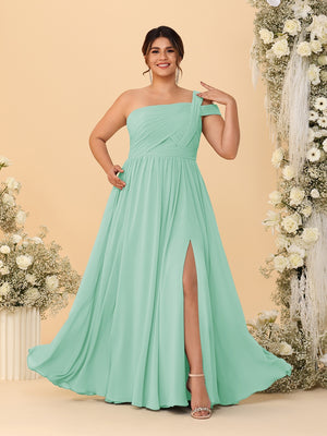 A-Line/Princess One-Shoulder Sleeveless Floor-Length Ruched Plus Size Bridesmaid Dresses With Side Slit