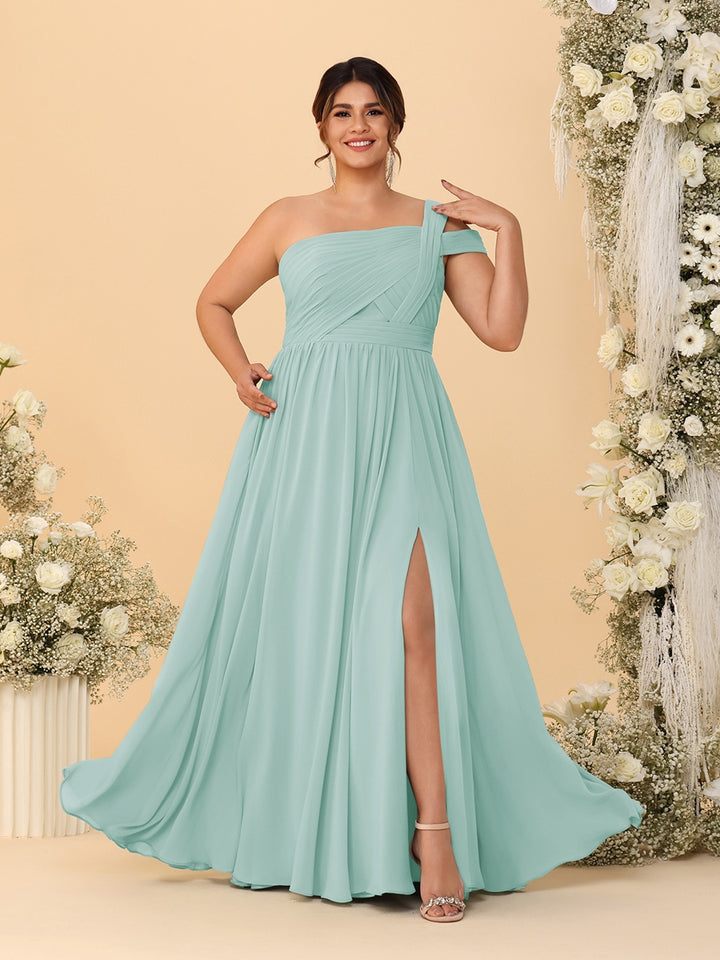 A-Line/Princess One-Shoulder Sleeveless Floor-Length Ruched Plus Size Bridesmaid Dresses With Side Slit