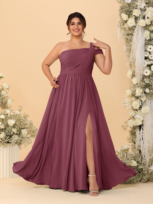 A-Line/Princess One-Shoulder Sleeveless Floor-Length Ruched Plus Size Bridesmaid Dresses With Side Slit