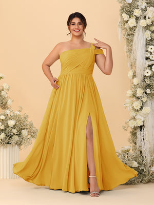 A-Line/Princess One-Shoulder Sleeveless Floor-Length Ruched Plus Size Bridesmaid Dresses With Side Slit