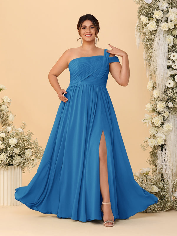 A-Line/Princess One-Shoulder Sleeveless Floor-Length Ruched Plus Size Bridesmaid Dresses With Side Slit