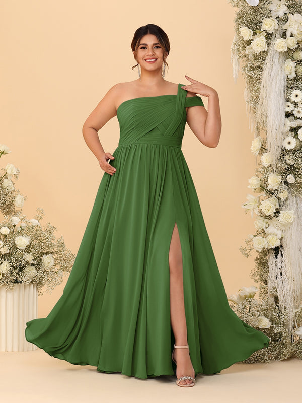 A-Line/Princess One-Shoulder Sleeveless Floor-Length Ruched Plus Size Bridesmaid Dresses With Side Slit