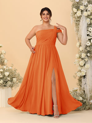 A-Line/Princess One-Shoulder Sleeveless Floor-Length Ruched Plus Size Bridesmaid Dresses With Side Slit