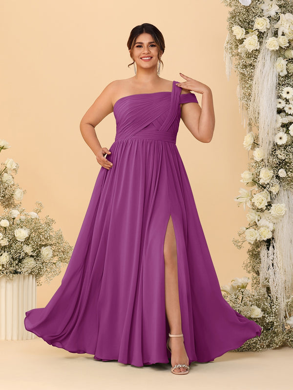 A-Line/Princess One-Shoulder Sleeveless Floor-Length Ruched Plus Size Bridesmaid Dresses With Side Slit