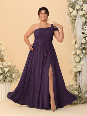 A-Line/Princess One-Shoulder Sleeveless Floor-Length Ruched Plus Size Bridesmaid Dresses With Side Slit