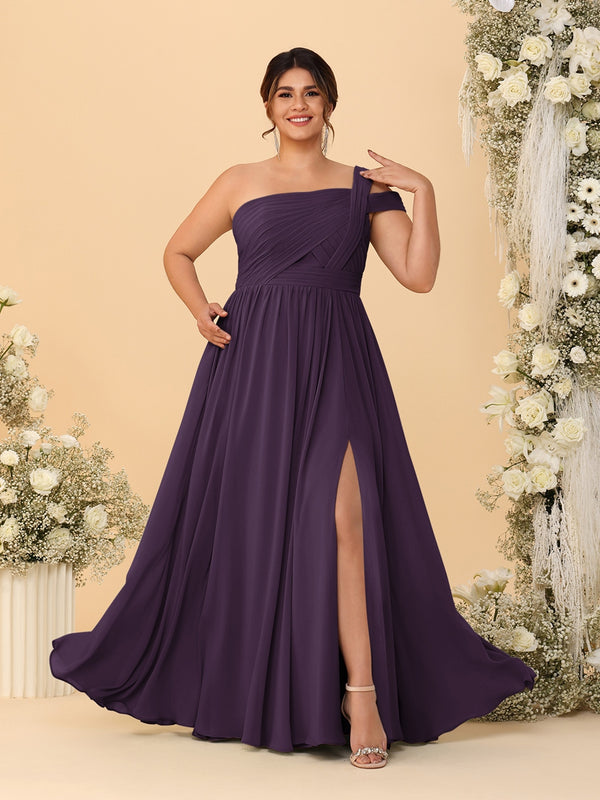 A-Line/Princess One-Shoulder Sleeveless Floor-Length Ruched Plus Size Bridesmaid Dresses With Side Slit