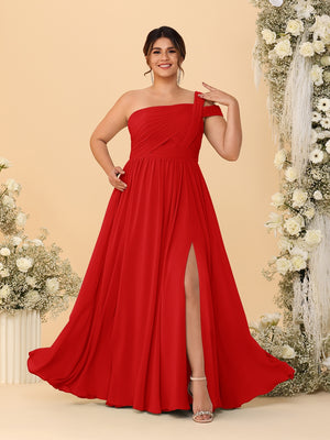 A-Line/Princess One-Shoulder Sleeveless Floor-Length Ruched Plus Size Bridesmaid Dresses With Side Slit