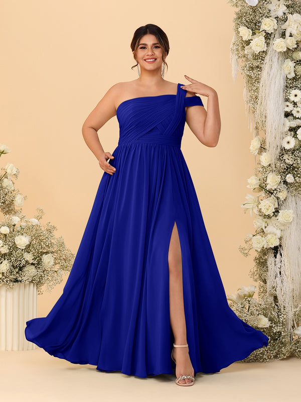 A-Line/Princess One-Shoulder Sleeveless Floor-Length Ruched Plus Size Bridesmaid Dresses With Side Slit