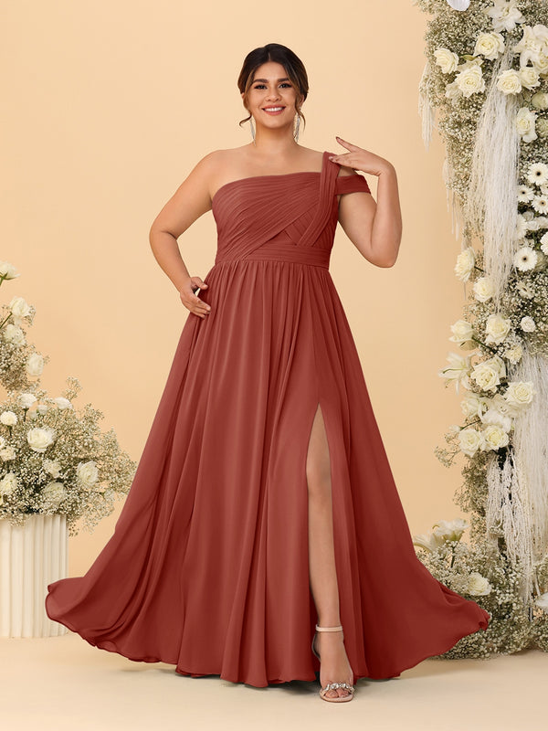A-Line/Princess One-Shoulder Sleeveless Floor-Length Ruched Plus Size Bridesmaid Dresses With Side Slit