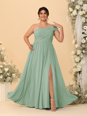 A-Line/Princess One-Shoulder Sleeveless Floor-Length Ruched Plus Size Bridesmaid Dresses With Side Slit