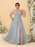 A-Line/Princess One-Shoulder Sleeveless Floor-Length Ruched Plus Size Bridesmaid Dresses With Side Slit