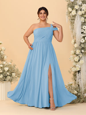 A-Line/Princess One-Shoulder Sleeveless Floor-Length Ruched Plus Size Bridesmaid Dresses With Side Slit