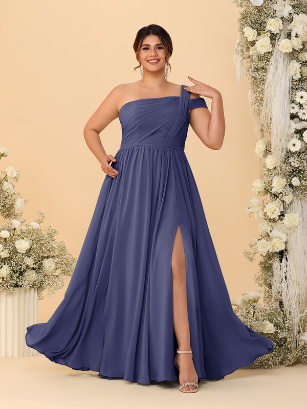 A-Line/Princess One-Shoulder Sleeveless Floor-Length Ruched Plus Size Bridesmaid Dresses With Side Slit