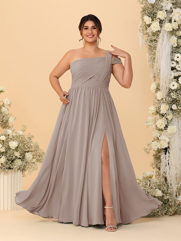 A-Line/Princess One-Shoulder Sleeveless Floor-Length Ruched Plus Size Bridesmaid Dresses With Side Slit