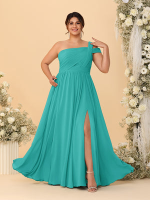A-Line/Princess One-Shoulder Sleeveless Floor-Length Ruched Plus Size Bridesmaid Dresses With Side Slit