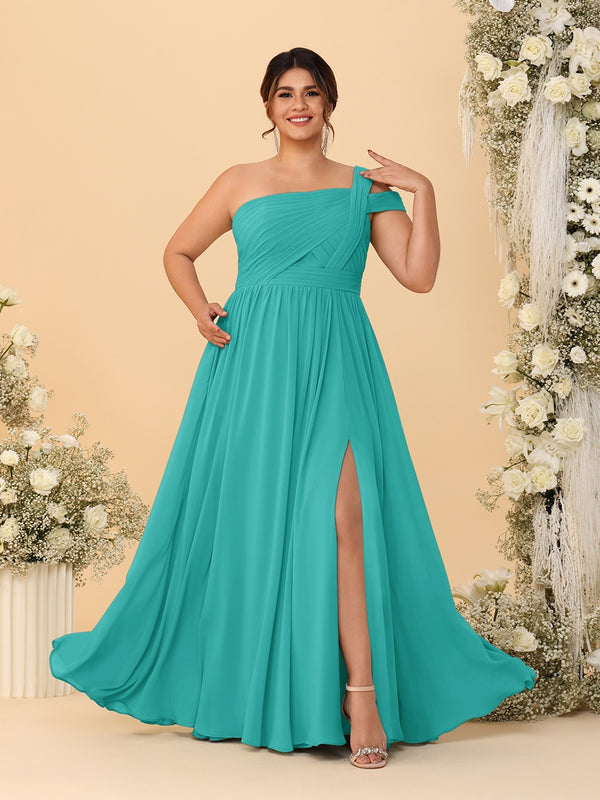 A-Line/Princess One-Shoulder Sleeveless Floor-Length Ruched Plus Size Bridesmaid Dresses With Side Slit