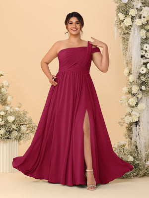 A-Line/Princess One-Shoulder Sleeveless Floor-Length Ruched Plus Size Bridesmaid Dresses With Side Slit