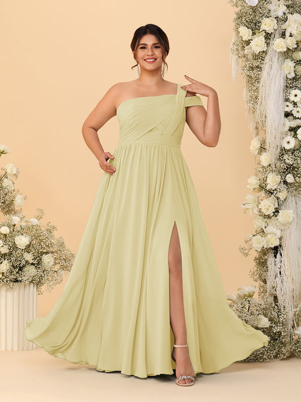 A-Line/Princess One-Shoulder Sleeveless Floor-Length Ruched Plus Size Bridesmaid Dresses With Side Slit