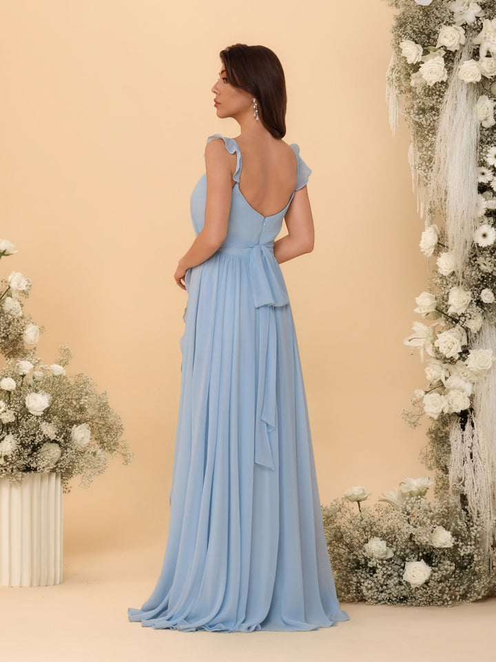 A-Line/Princess Square Neck Sleeveless Ruched Bridesmaid Dresses With Side Slit &amp; Ruffles