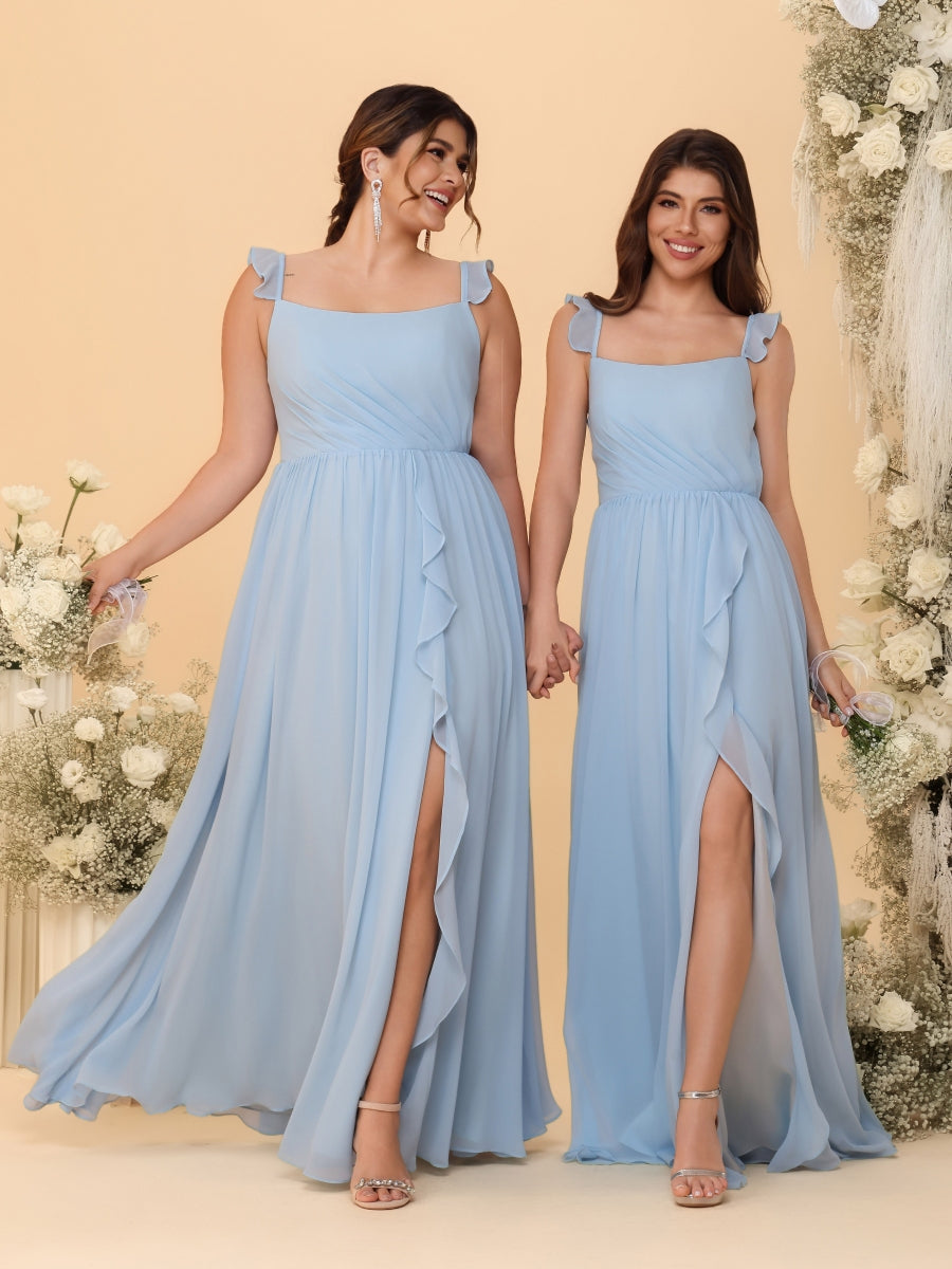 A-Line/Princess Square Neck Sleeveless Ruched Bridesmaid Dresses With Side Slit &amp; Ruffles