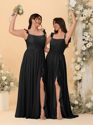 A-Line/Princess Square Neck Sleeveless Ruched Bridesmaid Dresses With Side Slit & Ruffles