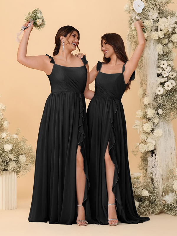 A-Line/Princess Square Neck Sleeveless Ruched Bridesmaid Dresses With Side Slit & Ruffles