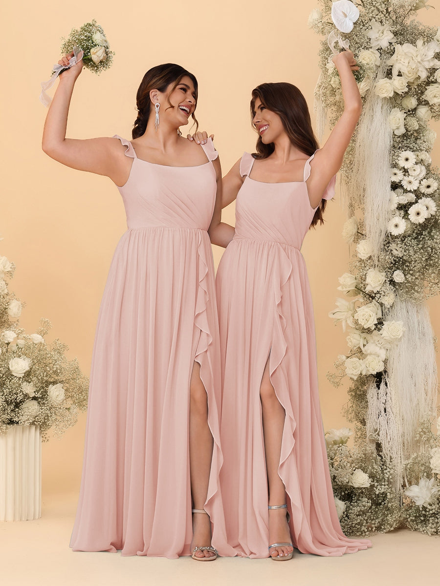 A-Line/Princess Square Neck Sleeveless Ruched Bridesmaid Dresses With Side Slit &amp; Ruffles