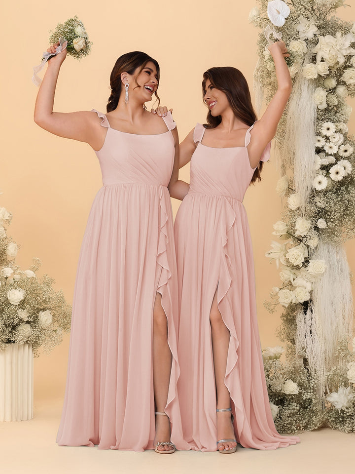 A-Line/Princess Square Neck Sleeveless Ruched Bridesmaid Dresses With Side Slit &amp; Ruffles