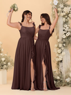A-Line/Princess Square Neck Sleeveless Ruched Bridesmaid Dresses With Side Slit & Ruffles